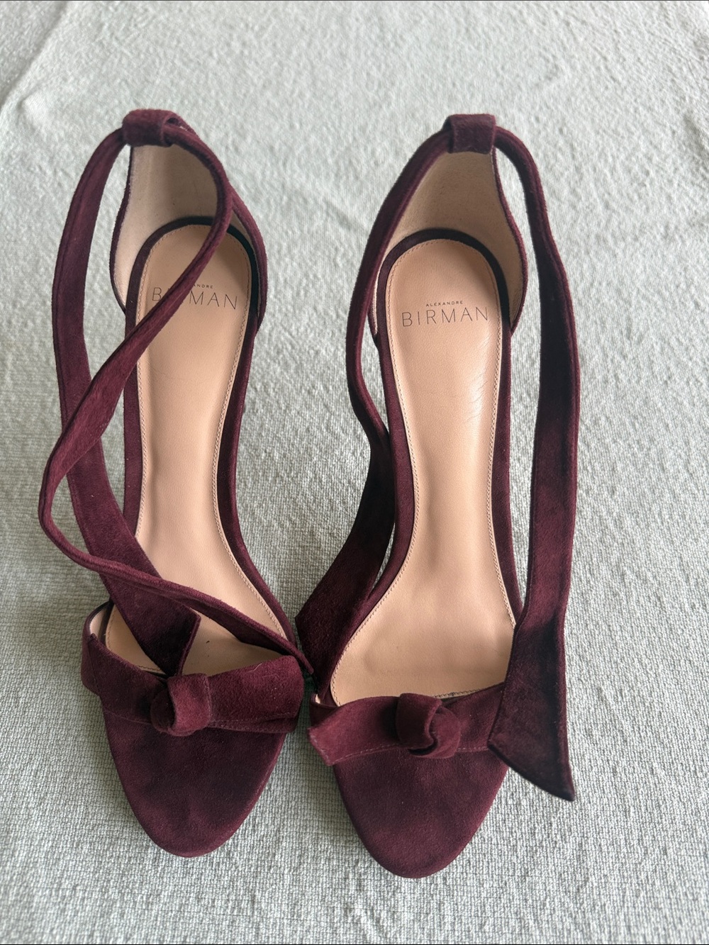 Alexandre Birman Burgundy Suede Knotted Open-Toe Ankle-Tie Heels